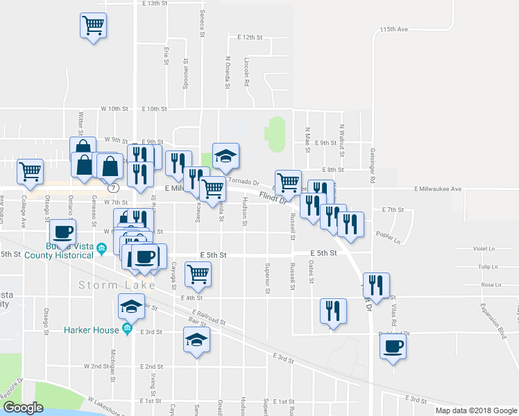 map of restaurants, bars, coffee shops, grocery stores, and more near 614 East 7th Street in Storm Lake