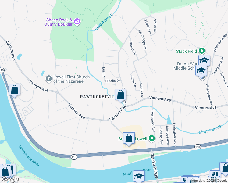 map of restaurants, bars, coffee shops, grocery stores, and more near 4 Elizia Circle in Lowell