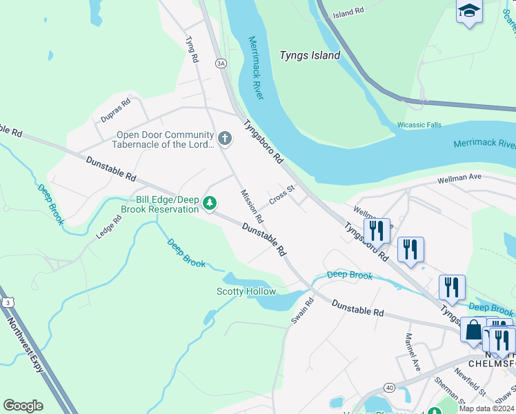 map of restaurants, bars, coffee shops, grocery stores, and more near 15 Cross Street in Chelmsford