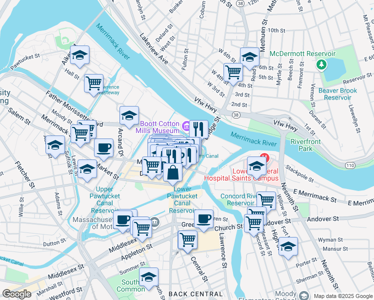 map of restaurants, bars, coffee shops, grocery stores, and more near 100 French Street in Lowell