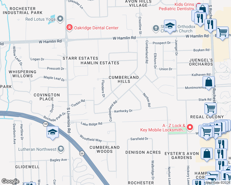 map of restaurants, bars, coffee shops, grocery stores, and more near 2260 Highsplint Drive in Rochester Hills