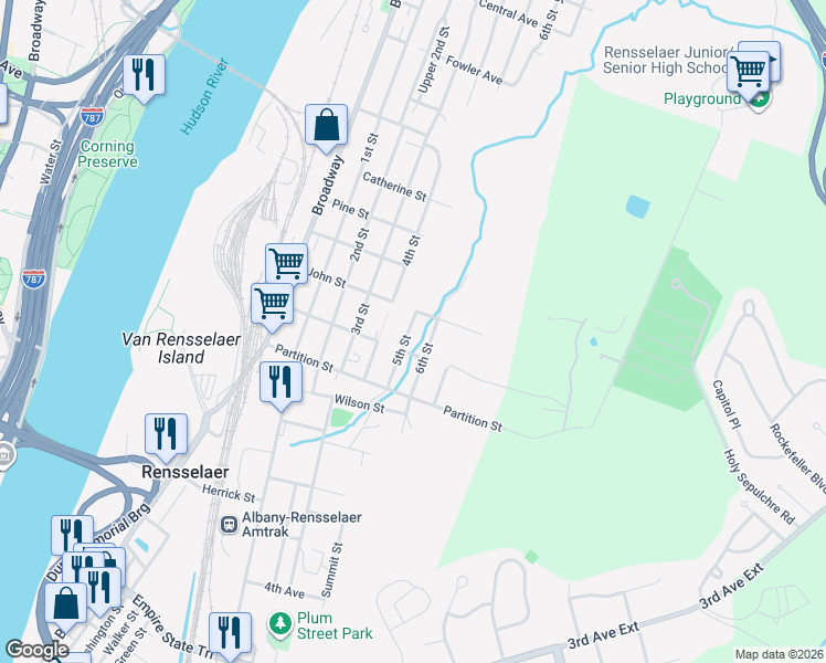map of restaurants, bars, coffee shops, grocery stores, and more near 924 5th Street in Rensselaer