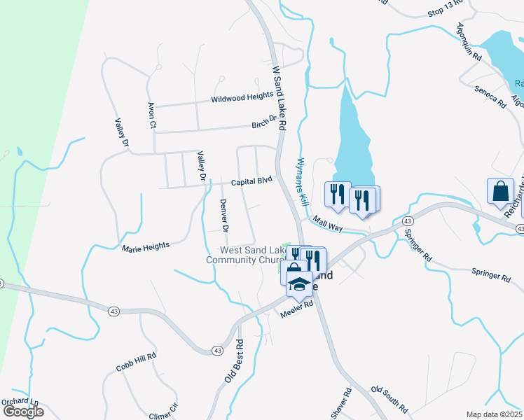 map of restaurants, bars, coffee shops, grocery stores, and more near 10 Fletcher Road in West Sand Lake