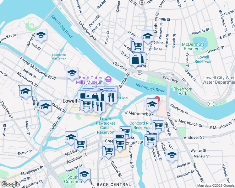 map of restaurants, bars, coffee shops, grocery stores, and more near 300 Massmills Drive in Lowell