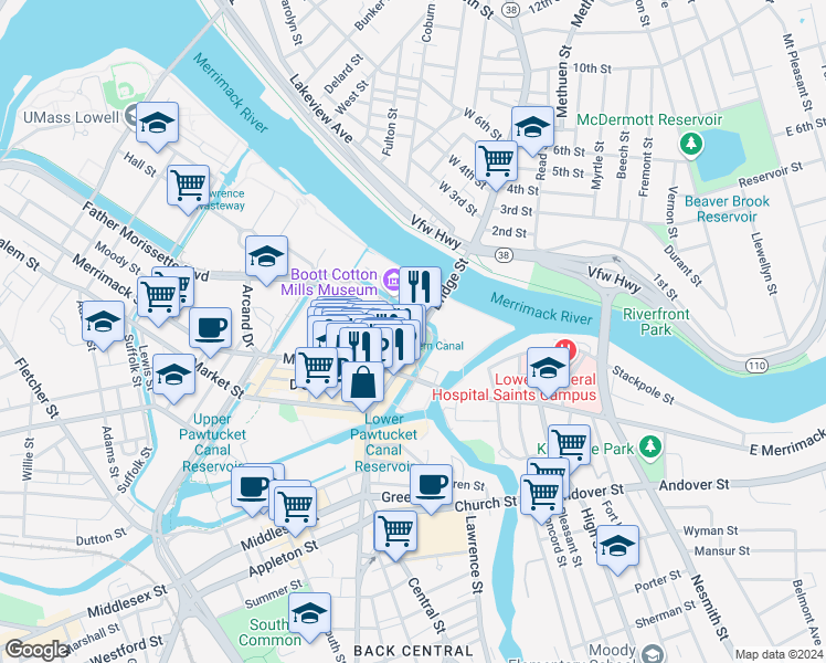 map of restaurants, bars, coffee shops, grocery stores, and more near 80 Bridge Street in Lowell