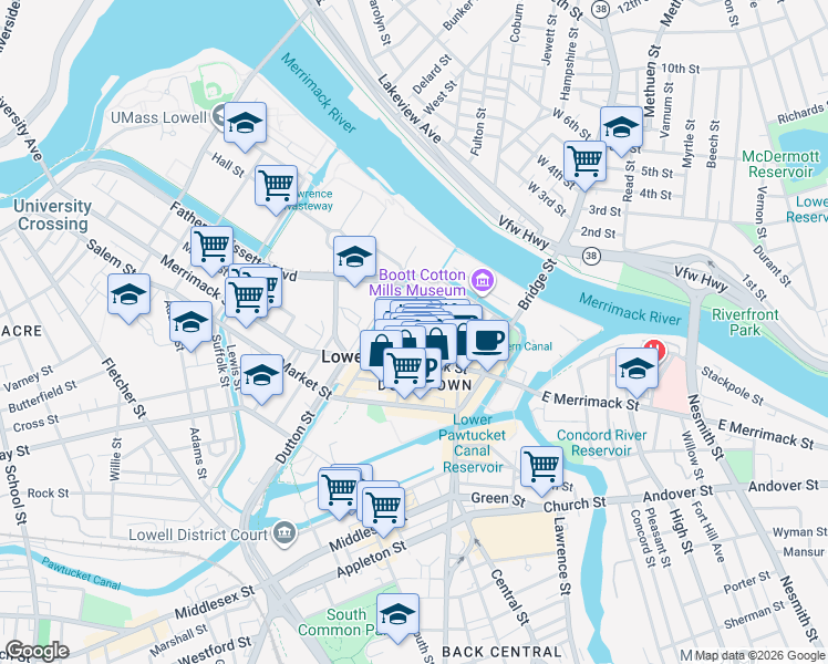 map of restaurants, bars, coffee shops, grocery stores, and more near 37 Kirk Street in Lowell