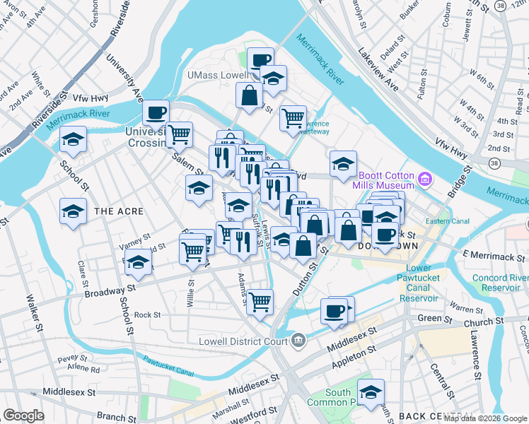 map of restaurants, bars, coffee shops, grocery stores, and more near 501 Salem Street in Lowell
