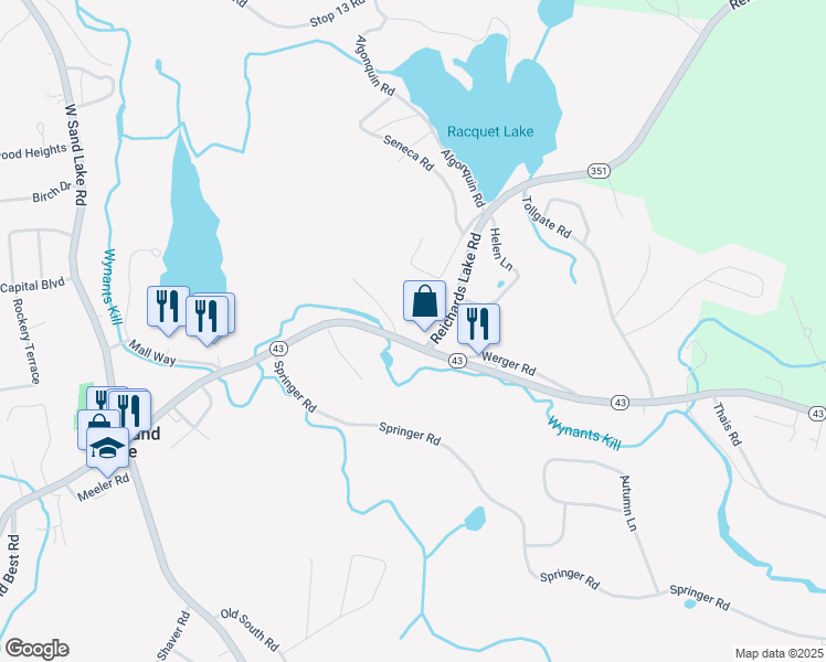 map of restaurants, bars, coffee shops, grocery stores, and more near 3568 New York 43 in West Sand Lake