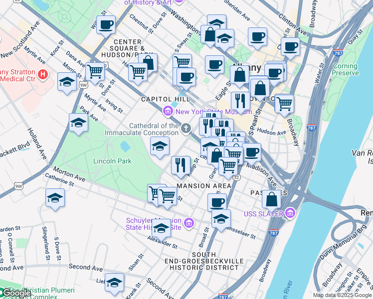 map of restaurants, bars, coffee shops, grocery stores, and more near 64 Elm Street in Albany