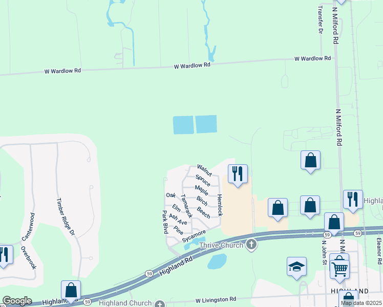 map of restaurants, bars, coffee shops, grocery stores, and more near 112 Beech in Highland Charter Township