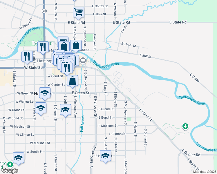 map of restaurants, bars, coffee shops, grocery stores, and more near 518 East Center Street in Hastings