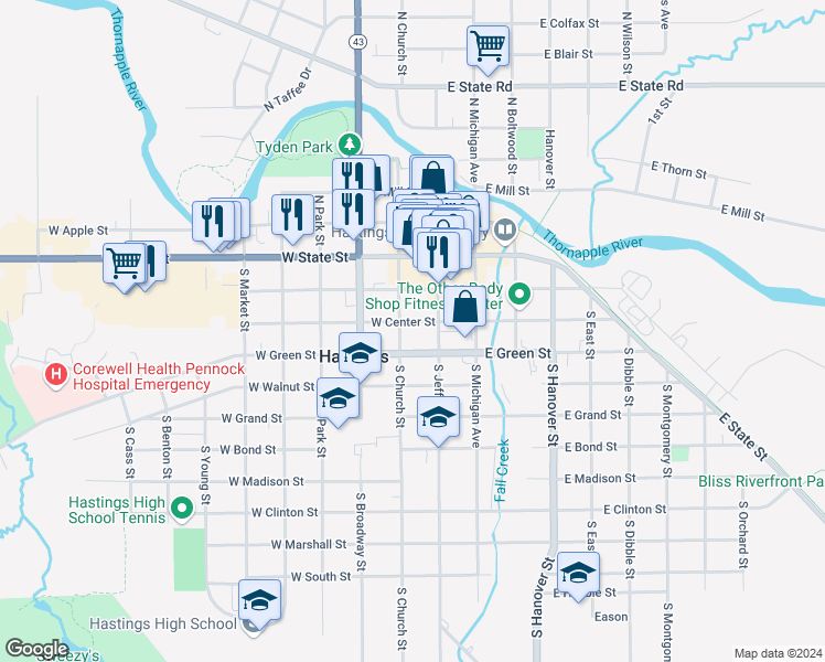 map of restaurants, bars, coffee shops, grocery stores, and more near 128 West Center Street in Hastings