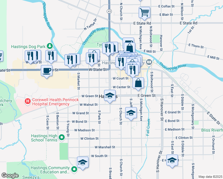 map of restaurants, bars, coffee shops, grocery stores, and more near 305 South Broadway Street in Hastings