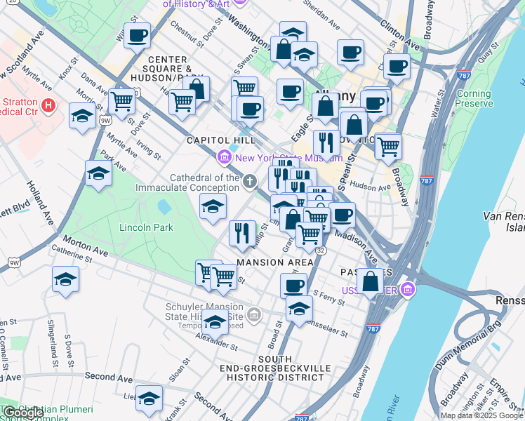 map of restaurants, bars, coffee shops, grocery stores, and more near 51 Elm Street in Albany