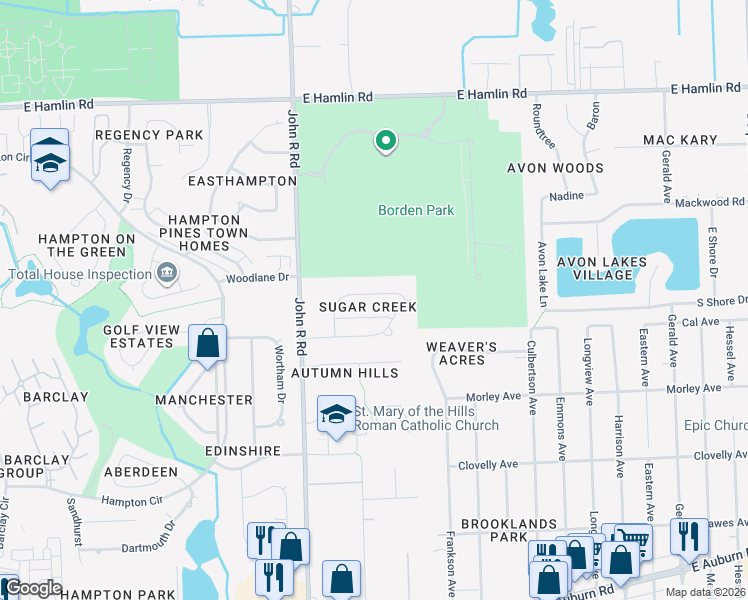 map of restaurants, bars, coffee shops, grocery stores, and more near 1139 Bluebird Drive in Rochester Hills