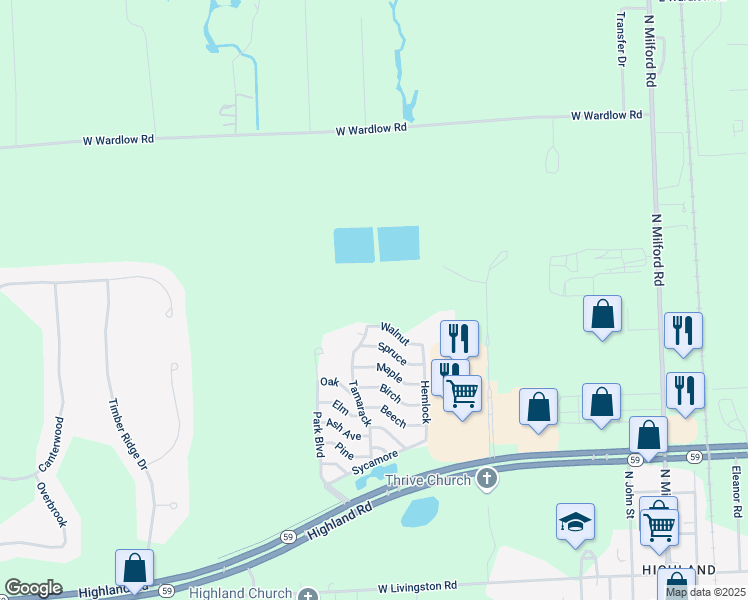 map of restaurants, bars, coffee shops, grocery stores, and more near 112 Beech in Highland Charter Township