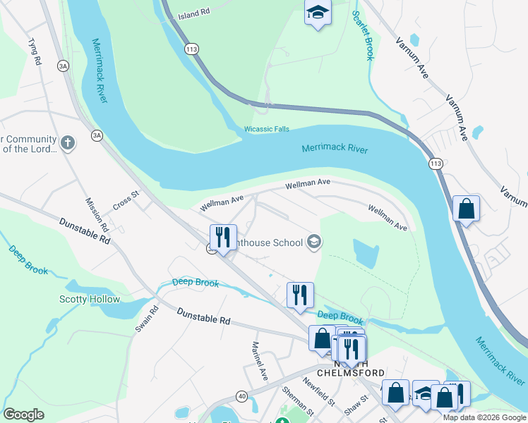 map of restaurants, bars, coffee shops, grocery stores, and more near 503 Wellman Avenue in Chelmsford