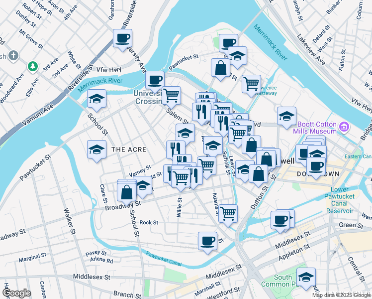 map of restaurants, bars, coffee shops, grocery stores, and more near 350 Adams Street in Lowell