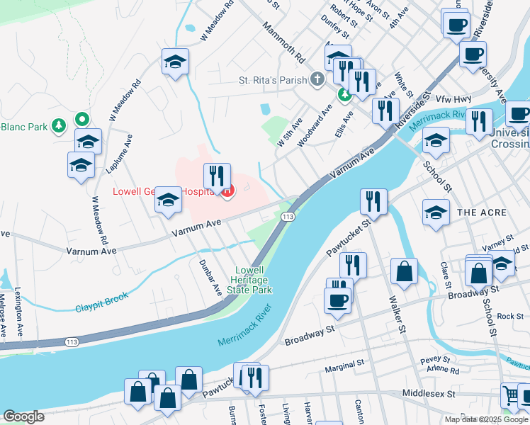map of restaurants, bars, coffee shops, grocery stores, and more near 240 Varnum Avenue in Lowell
