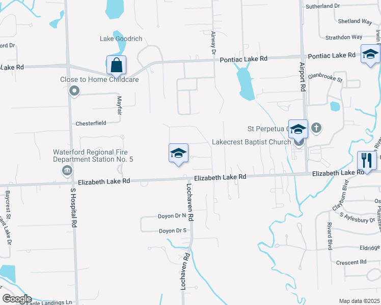 map of restaurants, bars, coffee shops, grocery stores, and more near 6482 Misty Court in Waterford Township