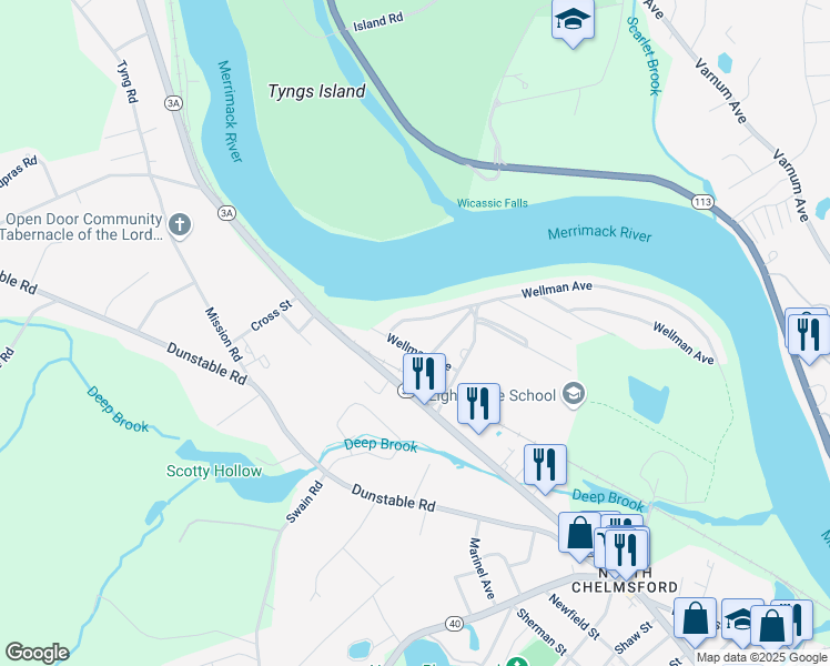 map of restaurants, bars, coffee shops, grocery stores, and more near 858 Wellman Avenue in Chelmsford