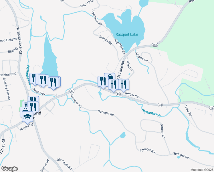 map of restaurants, bars, coffee shops, grocery stores, and more near 3568 New York 43 in West Sand Lake