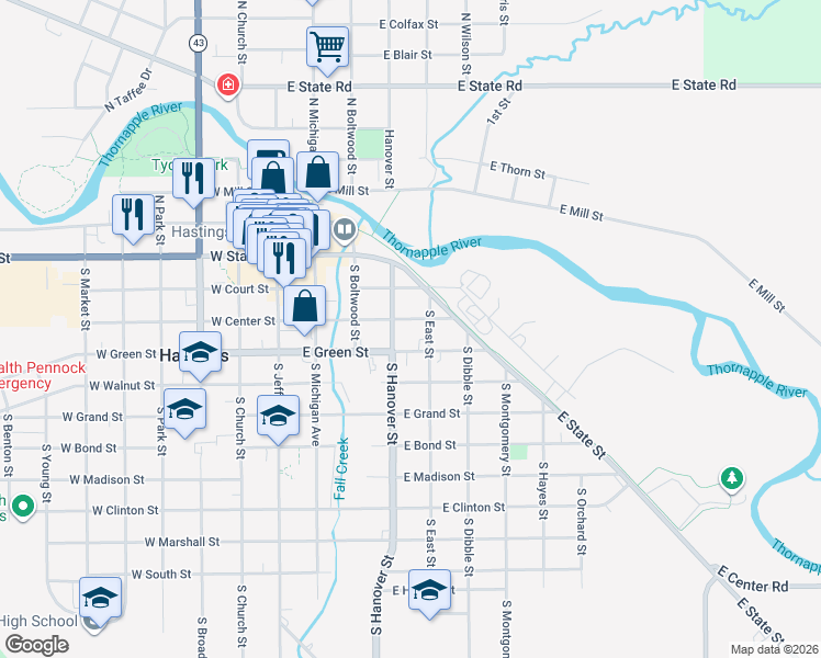map of restaurants, bars, coffee shops, grocery stores, and more near 420 East Center Street in Hastings