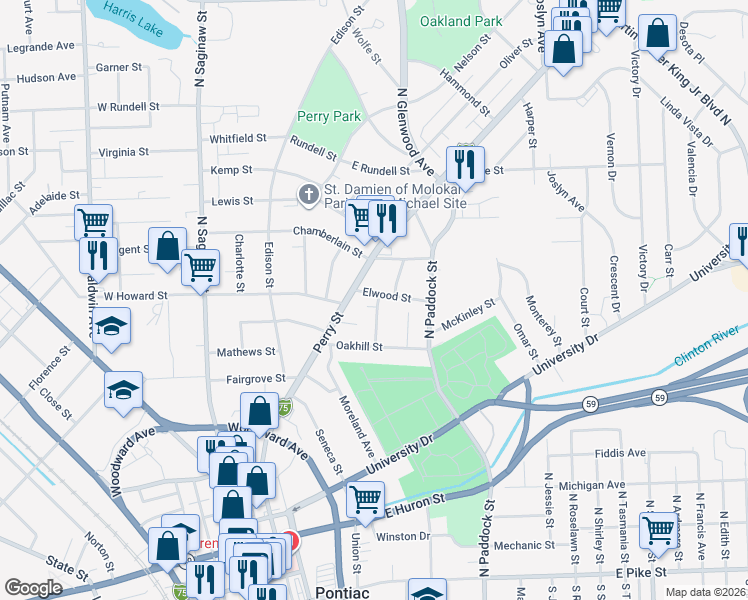 map of restaurants, bars, coffee shops, grocery stores, and more near 22 Elwood Street in Pontiac