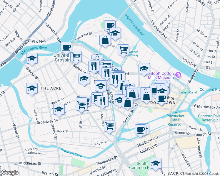 map of restaurants, bars, coffee shops, grocery stores, and more near 501 Salem Street in Lowell