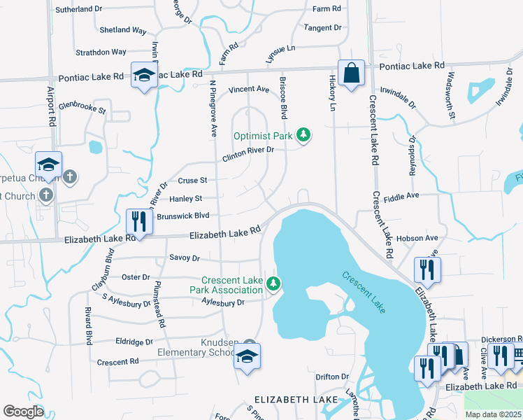 map of restaurants, bars, coffee shops, grocery stores, and more near 5415 Brunswick Boulevard in Waterford Township
