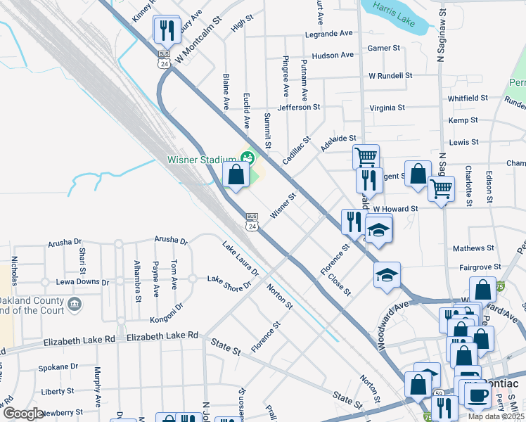 map of restaurants, bars, coffee shops, grocery stores, and more near 15 Short Street in Pontiac