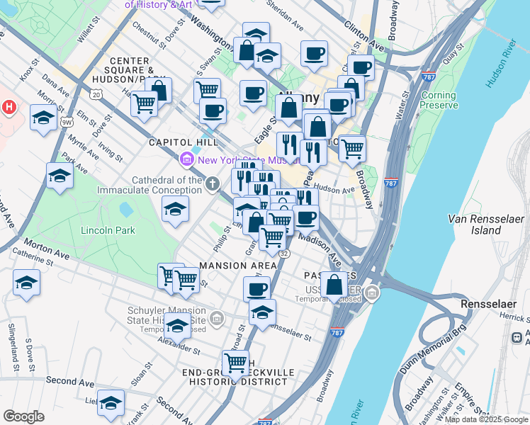 map of restaurants, bars, coffee shops, grocery stores, and more near 63 Grand Street in Albany