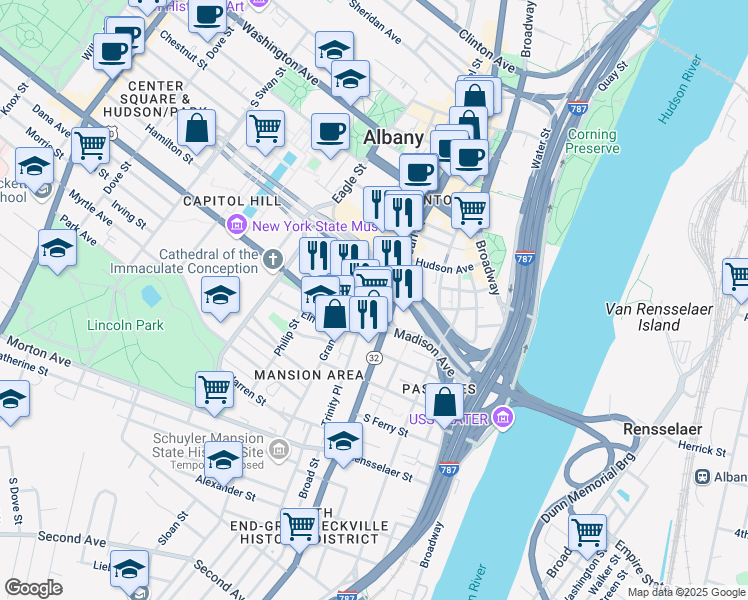 map of restaurants, bars, coffee shops, grocery stores, and more near 101 South Pearl Street in Albany