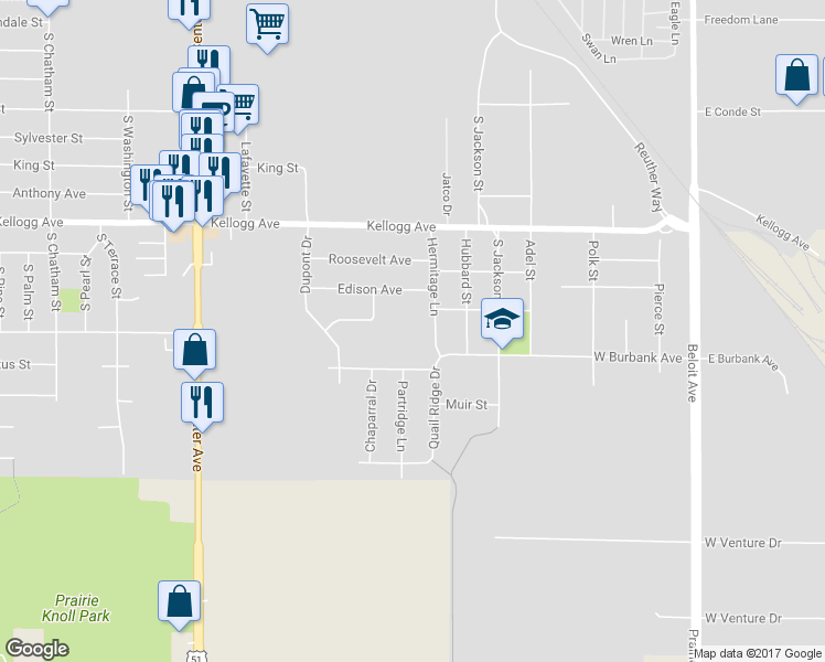 map of restaurants, bars, coffee shops, grocery stores, and more near 2232 Hermitage Lane in Janesville