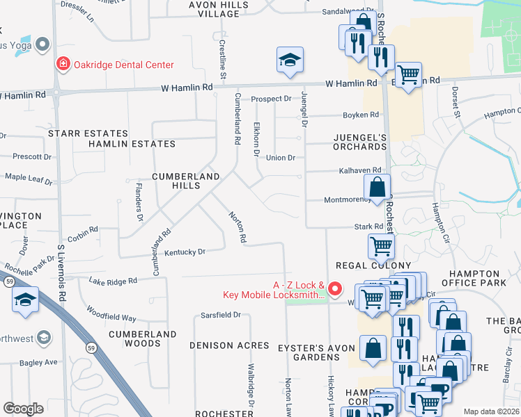 map of restaurants, bars, coffee shops, grocery stores, and more near 351 Coldiron Drive in Rochester Hills