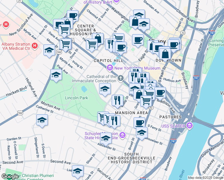 map of restaurants, bars, coffee shops, grocery stores, and more near 138 Eagle Street in Albany