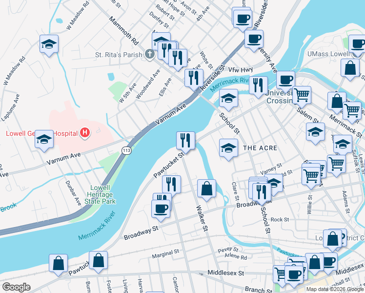 map of restaurants, bars, coffee shops, grocery stores, and more near 489 Pawtucket Street in Lowell