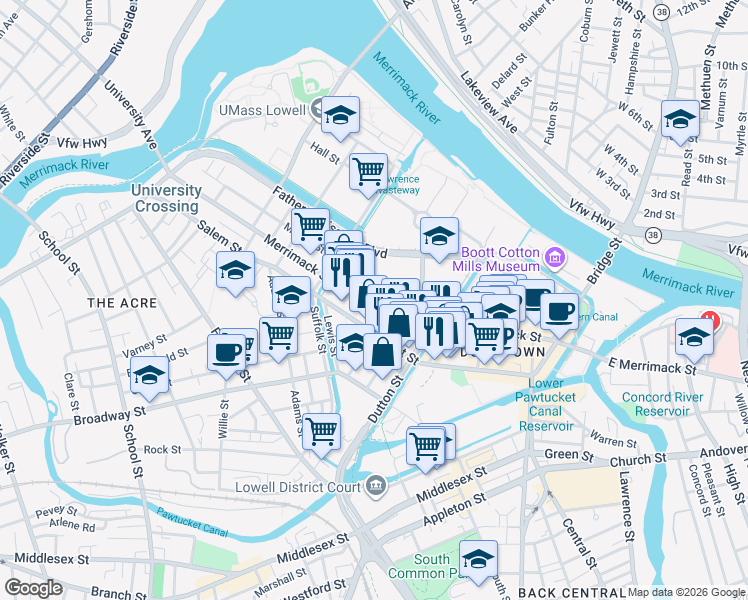 map of restaurants, bars, coffee shops, grocery stores, and more near 445 Merrimack Street in Lowell
