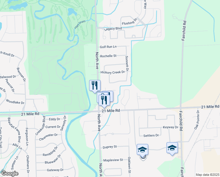 map of restaurants, bars, coffee shops, grocery stores, and more near 47216 Mission Valley Drive North in Macomb