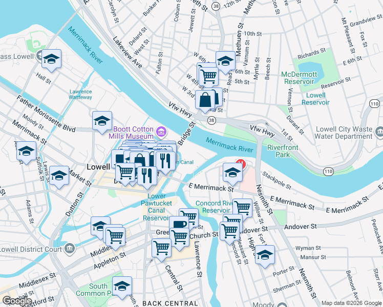 map of restaurants, bars, coffee shops, grocery stores, and more near 300 Massmills Drive in Lowell