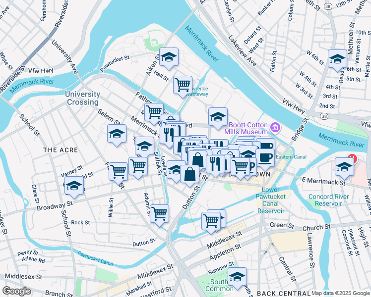 map of restaurants, bars, coffee shops, grocery stores, and more near 401 Merrimack Street in Lowell