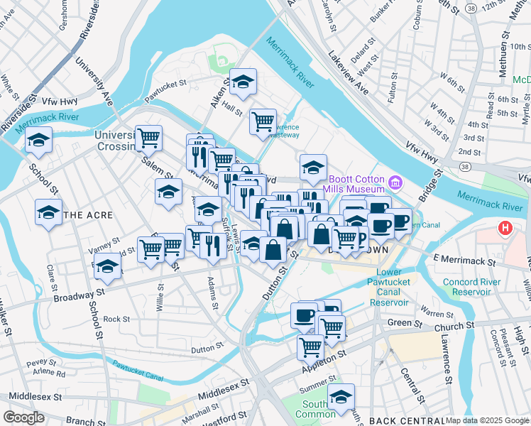 map of restaurants, bars, coffee shops, grocery stores, and more near in Lowell