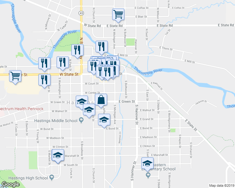 map of restaurants, bars, coffee shops, grocery stores, and more near 301 South Michigan Avenue in Hastings