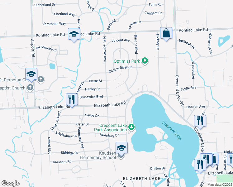 map of restaurants, bars, coffee shops, grocery stores, and more near 5466 Brunswick Boulevard in Waterford Township