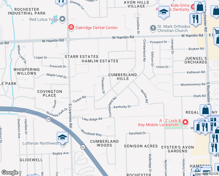 map of restaurants, bars, coffee shops, grocery stores, and more near 2260 Highsplint Drive in Rochester Hills