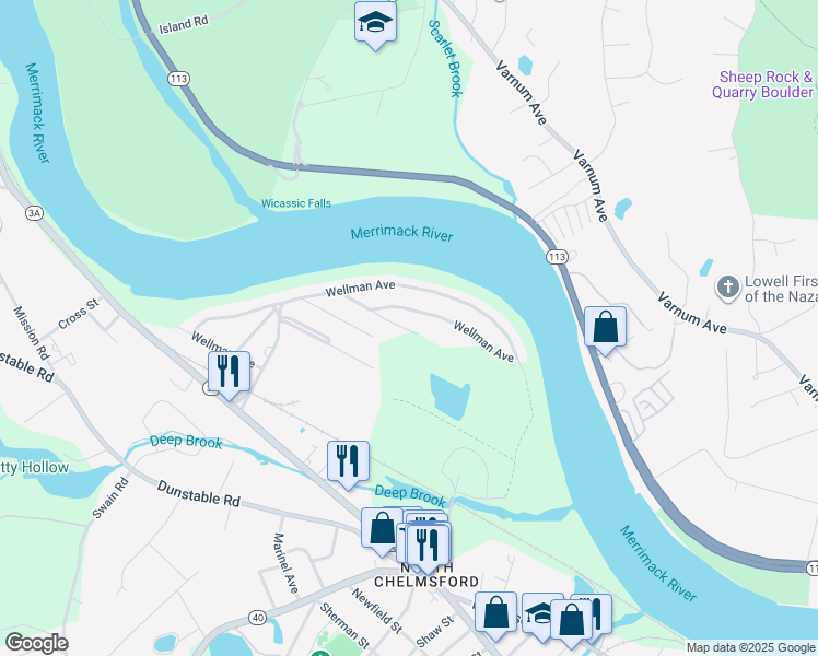 map of restaurants, bars, coffee shops, grocery stores, and more near 628 Wellman Avenue in Chelmsford