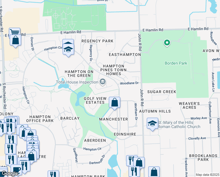 map of restaurants, bars, coffee shops, grocery stores, and more near 768 Shelley Drive in Rochester Hills