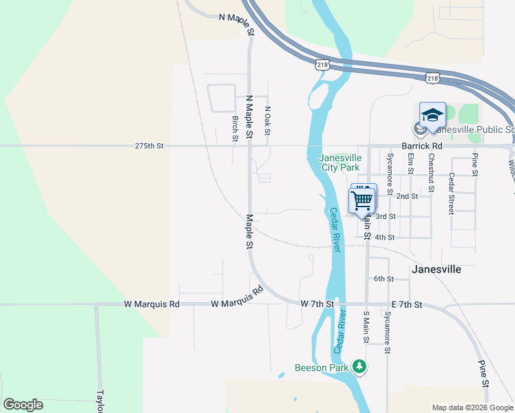 map of restaurants, bars, coffee shops, grocery stores, and more near 317 Maple Street in Janesville