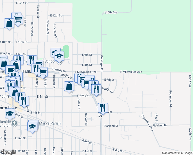 map of restaurants, bars, coffee shops, grocery stores, and more near 729 Linden Lane in Storm Lake