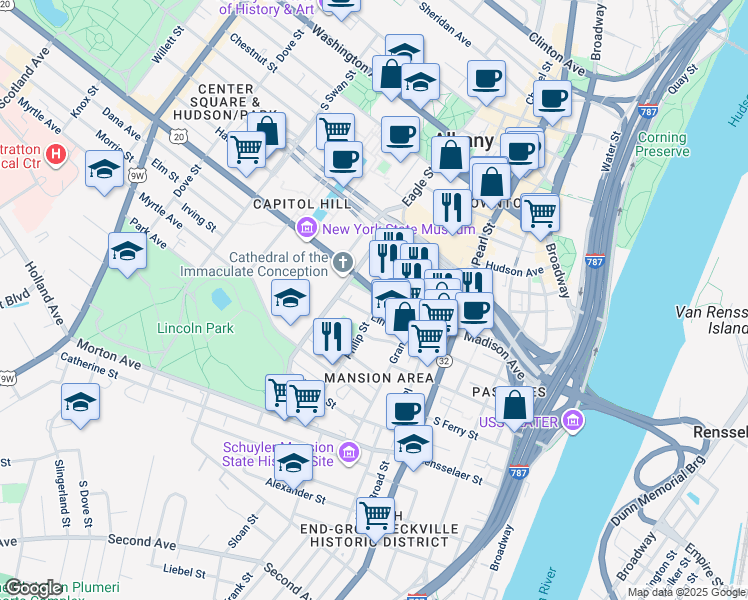 map of restaurants, bars, coffee shops, grocery stores, and more near 45 Philip Street in Albany